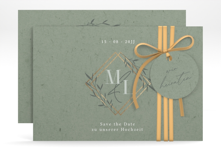 Save the Date-Karte Greenletter A6 Karte quer mit Initialen in elegantem Goldrahmen mit Blättern