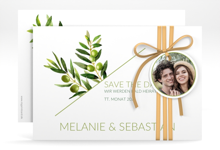Save the Date-Karte Olivenzweig A6 Karte quer weiss hochglanz