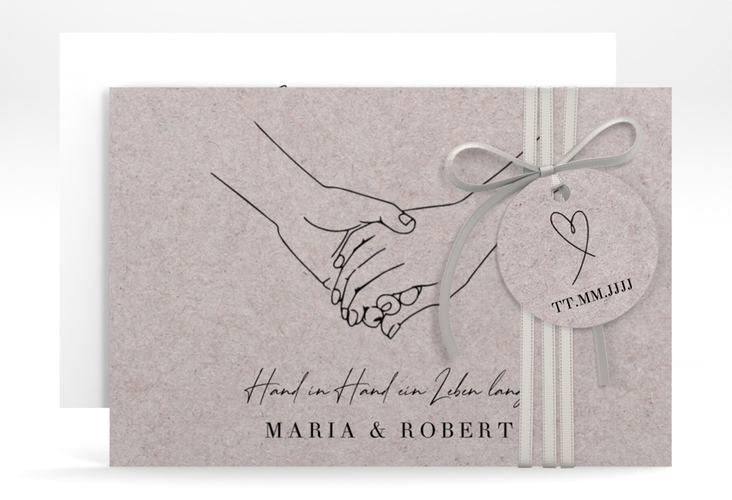 Save the Date-Karte Hands A6 Karte quer Kraftpapier mit sich haltenden Händen im Monoline-Stil