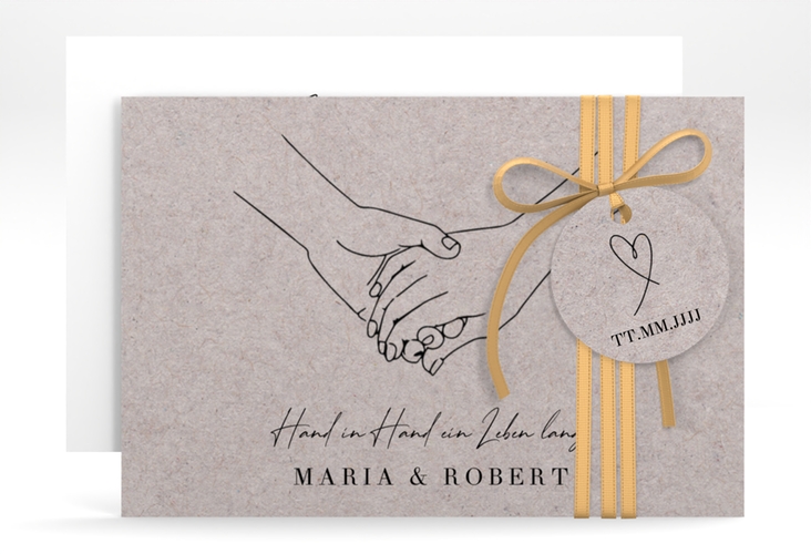 Save the Date-Karte Hands A6 Karte quer Kraftpapier mit sich haltenden Händen im Monoline-Stil
