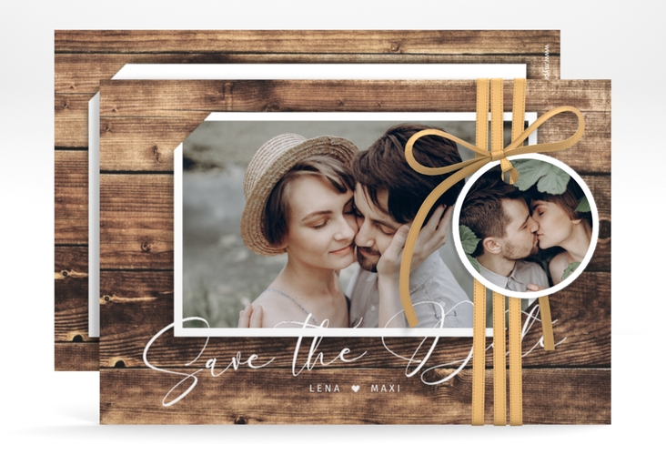 Save the Date-Karte Rustic A6 Karte quer braun in Holz-Optik mit Foto