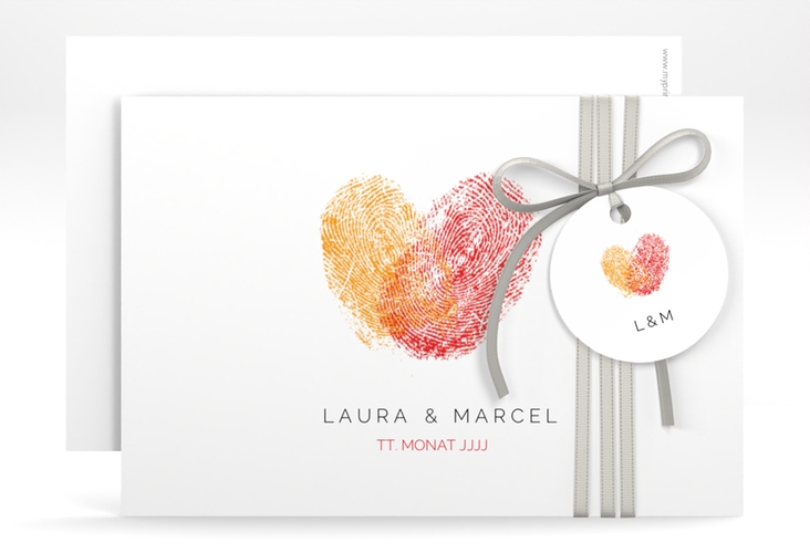 Save the Date-Karte Fingerprint A6 Karte quer rot schlicht mit Fingerabdruck-Motiv