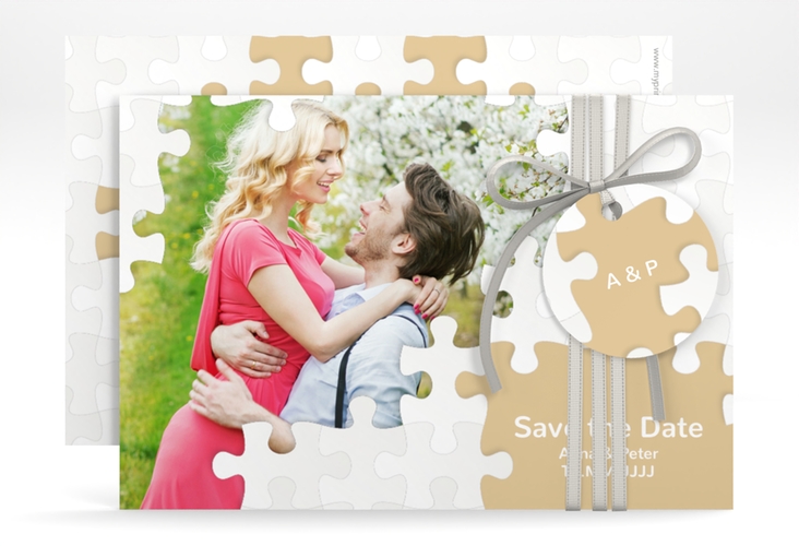 Save the Date-Karte Hochzeit Puzzle A6 Karte quer beige hochglanz