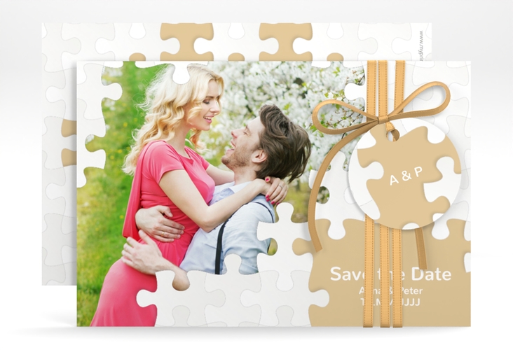 Save the Date-Karte Hochzeit Puzzle A6 Karte quer beige hochglanz
