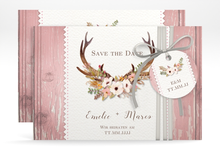 Save the Date-Karte Hochzeit Heimatjuwel A6 Karte quer mit Hirschgeweih und Holz-Hintergrund