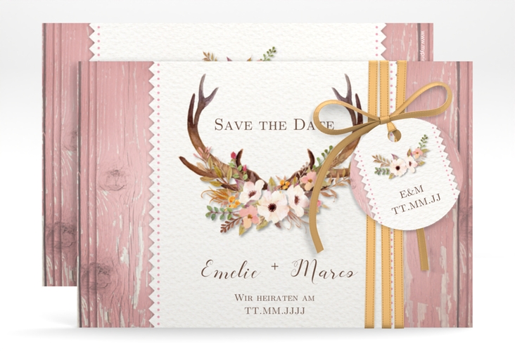 Save the Date-Karte Hochzeit Heimatjuwel A6 Karte quer mit Hirschgeweih und Holz-Hintergrund