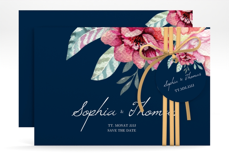 Save the Date-Karte Blooming A6 Karte quer blau hochglanz