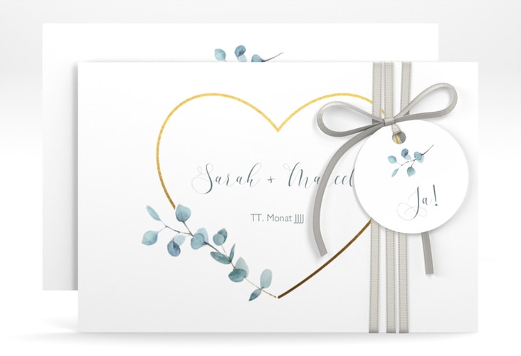 Save the Date-Karte Greenheart A6 Karte quer hochglanz mit elegantem Herz und Eukalyptus-Zweig
