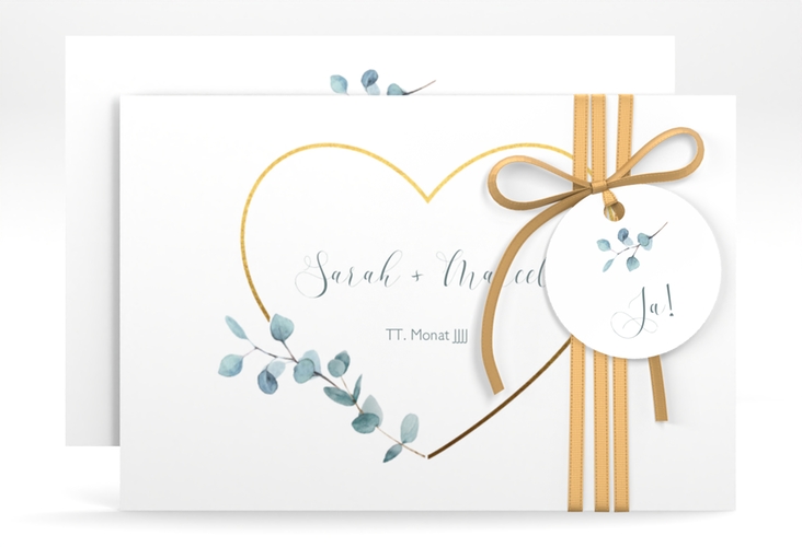 Save the Date-Karte Greenheart A6 Karte quer hochglanz mit elegantem Herz und Eukalyptus-Zweig