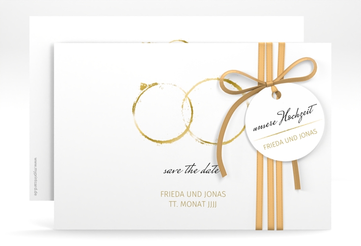Save the Date-Karte Trauringe A6 Karte quer gold minimalistisch gestaltet mit zwei Eheringen