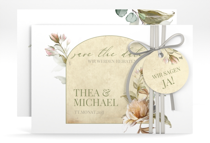 Save the Date-Karte Dornröschen A6 Karte quer weiss mit Aquarell-Rosen im Vintage-Look