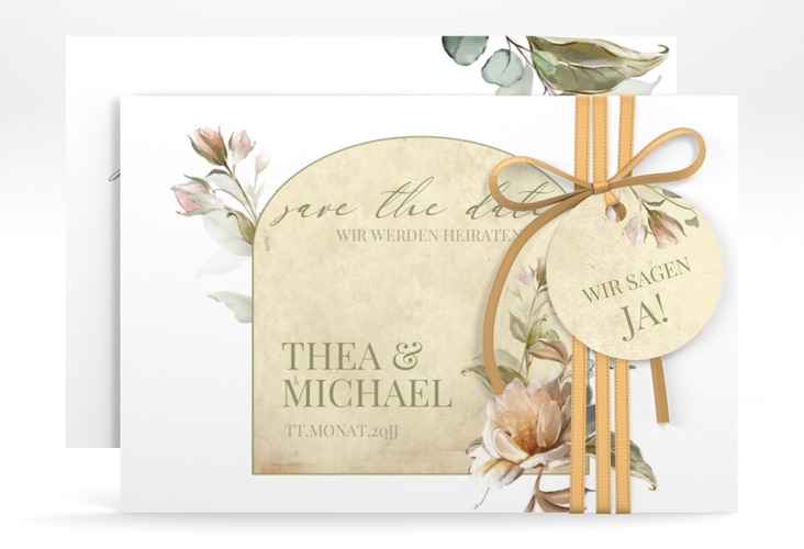 Save the Date-Karte Dornröschen A6 Karte quer weiss mit Aquarell-Rosen im Vintage-Look