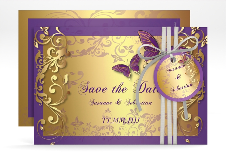 Save the Date-Karte Hochzeit Toulouse A6 Karte quer lila hochglanz romantisch mit Schmetterlingen