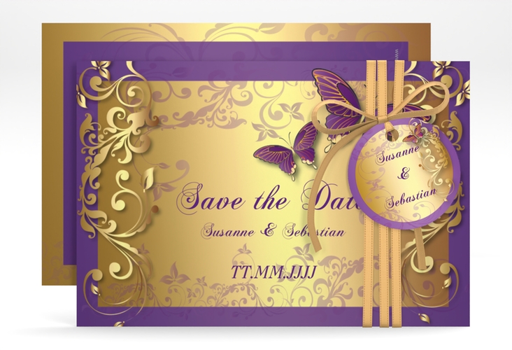 Save the Date-Karte Hochzeit Toulouse A6 Karte quer lila hochglanz romantisch mit Schmetterlingen