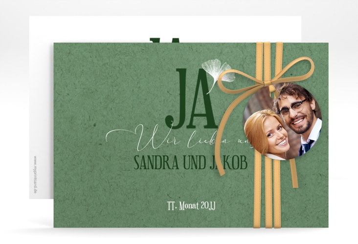 Save the Date-Karte Ja A6 Karte quer gruen hochglanz mit Ginkgo-Blatt