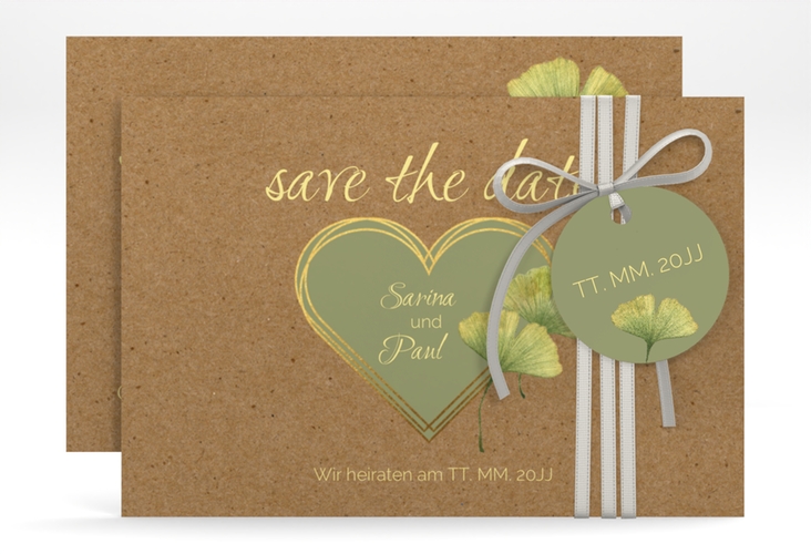 Save the Date-Karte Ginko A6 Karte quer Kraftpapier hochglanz mit Herz und zwei Ginkgo-Blättern
