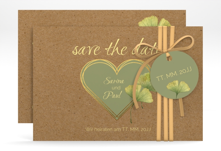 Save the Date-Karte Ginko A6 Karte quer Kraftpapier hochglanz mit Herz und zwei Ginkgo-Blättern