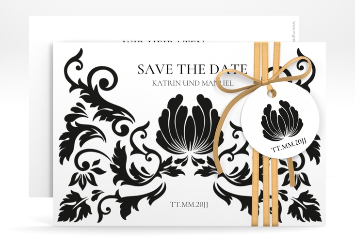 Save the Date-Karte Royal A6 Karte quer weiss mit barockem Blumen-Ornament