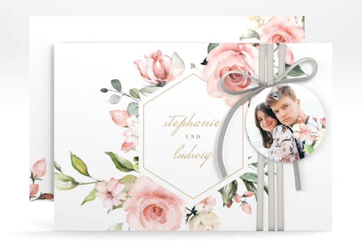 Save the Date-Karte Graceful A6 Karte quer weiss mit Rosenblüten in Rosa und Weiß