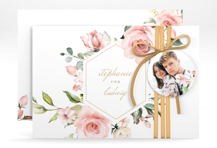 Save the Date-Karte Graceful A6 Karte quer weiss mit Rosenblüten in Rosa und Weiß