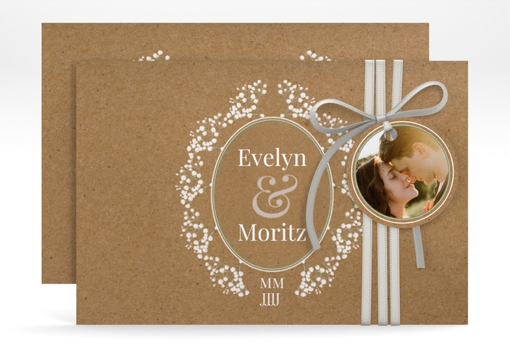 Save the Date-Karte Gypsophila A6 Karte quer im Vintage-Stil mit Blumenkranz aus Schleierkraut