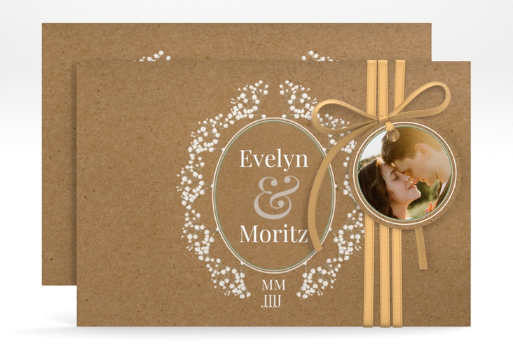 Save the Date-Karte Gypsophila A6 Karte quer im Vintage-Stil mit Blumenkranz aus Schleierkraut