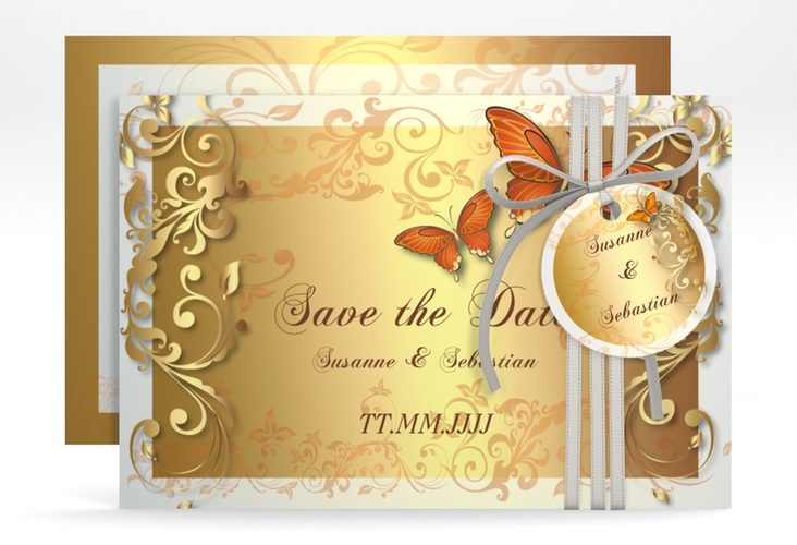 Save the Date-Karte Hochzeit Toulouse A6 Karte quer orange hochglanz romantisch mit Schmetterlingen
