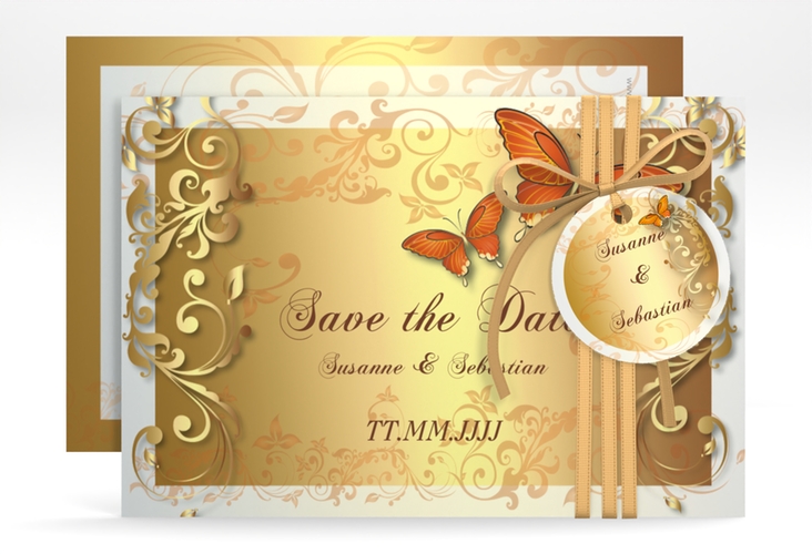 Save the Date-Karte Hochzeit Toulouse A6 Karte quer orange hochglanz romantisch mit Schmetterlingen