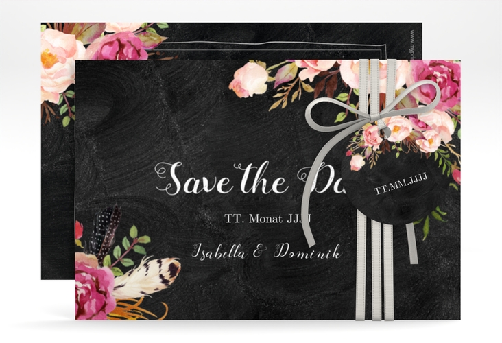Save the Date-Karte Flowers A6 Karte quer schwarz hochglanz mit bunten Aquarell-Blumen