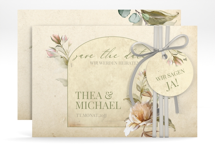 Save the Date-Karte Dornröschen A6 Karte quer mit Aquarell-Rosen im Vintage-Look