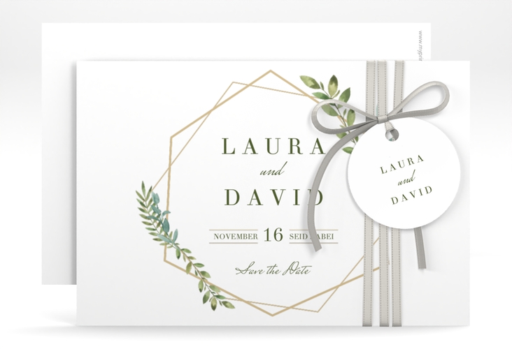 Save the Date-Karte Herbarium A6 Karte quer mit geometrischem Rahmen und Blätter-Dekor