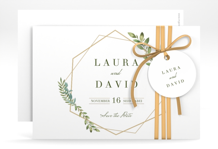 Save the Date-Karte Herbarium A6 Karte quer mit geometrischem Rahmen und Blätter-Dekor