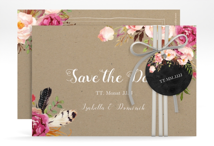 Save the Date-Karte Flowers A6 Karte quer Kraftpapier hochglanz mit bunten Aquarell-Blumen