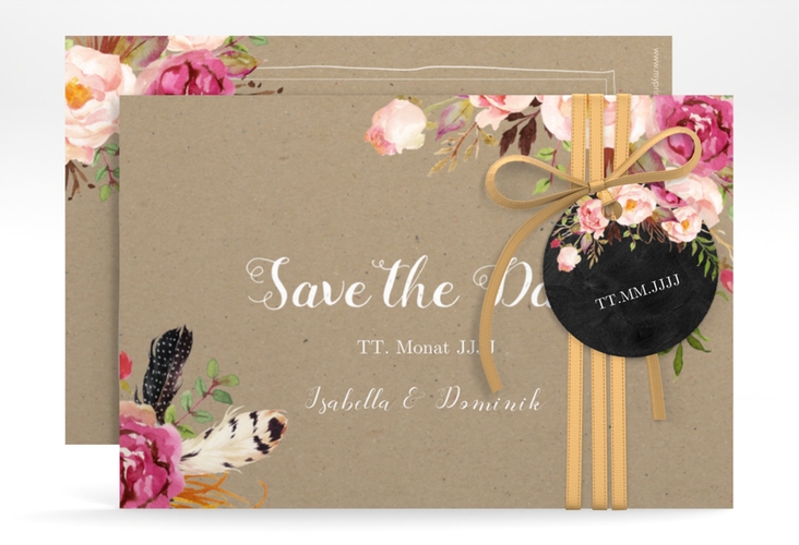 Save the Date-Karte Flowers A6 Karte quer Kraftpapier hochglanz mit bunten Aquarell-Blumen