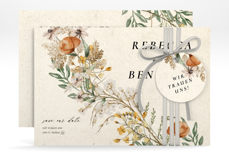 Save the Date-KarteWildfang A6 Karte quer beige mit getrockneten Wiesenblumen