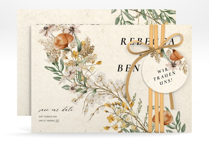 Save the Date-KarteWildfang A6 Karte quer beige mit getrockneten Wiesenblumen