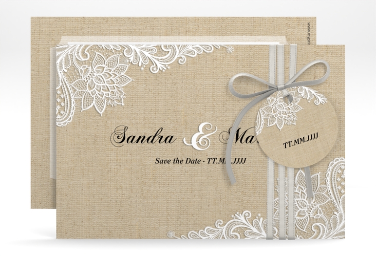 Save the Date-Karte Lace A6 Karte quer in Leinen-Optik mit weißer Spitze