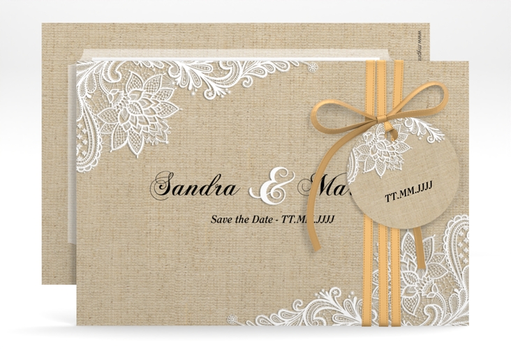 Save the Date-Karte Lace A6 Karte quer in Leinen-Optik mit weißer Spitze