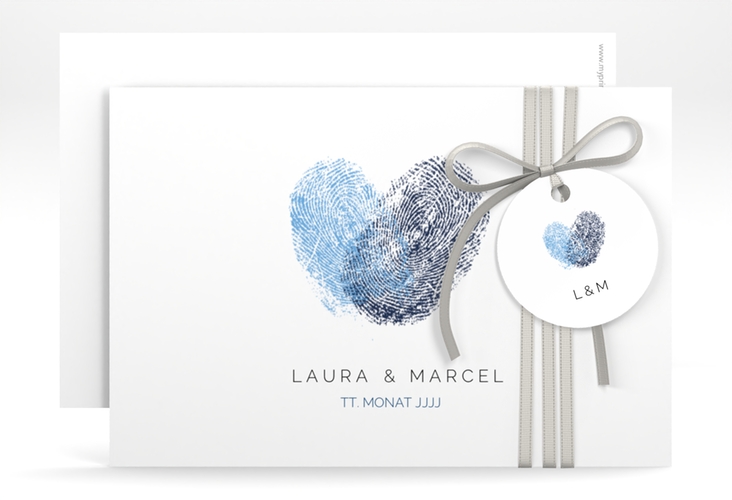 Save the Date-Karte Fingerprint A6 Karte quer blau schlicht mit Fingerabdruck-Motiv