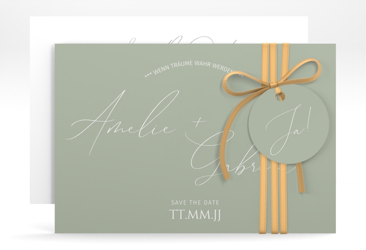 Save the Date-Karte Federschrift A6 Karte quer gruen in schlichtem Design mit Kalligrafie