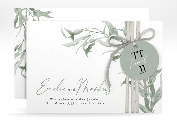 Save the Date-Karte Eucalyptus Green A6 Karte quer weiss hochglanz