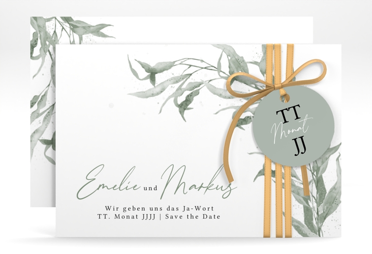 Save the Date-Karte Eucalyptus Green A6 Karte quer weiss hochglanz