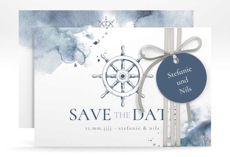 Save the Date-Karte Steuerrad A6 Karte quer blau in maritimen Blautönen
