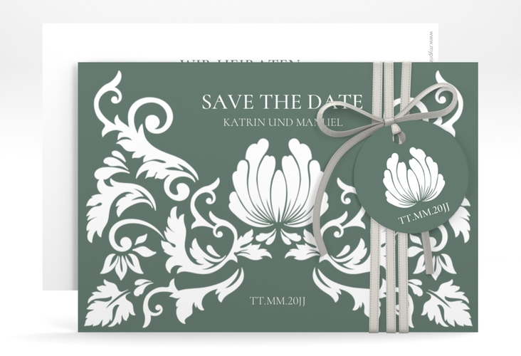 Save the Date-Karte Royal A6 Karte quer gruen hochglanz mit barockem Blumen-Ornament