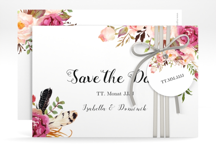 Save the Date-Karte Flowers A6 Karte quer weiss mit bunten Aquarell-Blumen