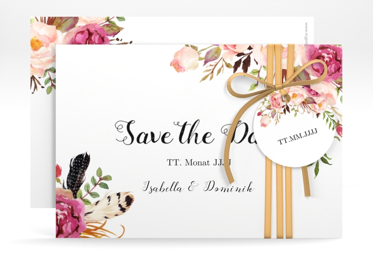 Save the Date-Karte Flowers A6 Karte quer weiss mit bunten Aquarell-Blumen
