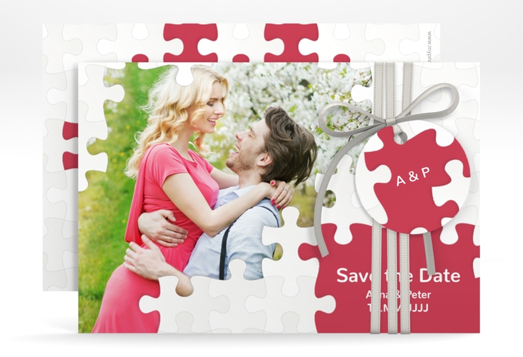 Save the Date-Karte Hochzeit Puzzle A6 Karte quer rot hochglanz