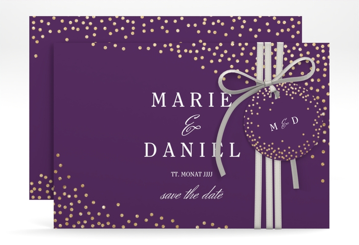 Save the Date-Karte Glitter A6 Karte quer lila hochglanz