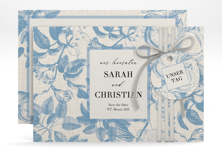 Save the Date-Karte Toile A6 Karte quer mit Blättermuster im Toile-de-Jouy-Stil