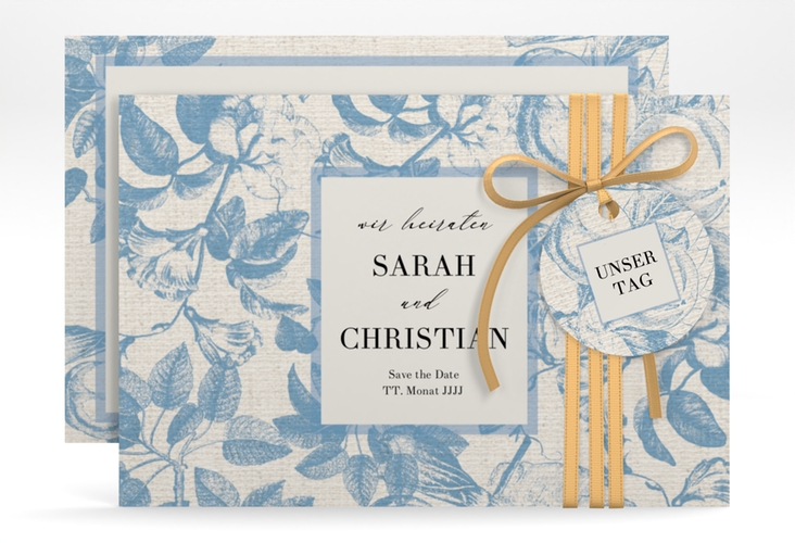 Save the Date-Karte Toile A6 Karte quer mit Blättermuster im Toile-de-Jouy-Stil